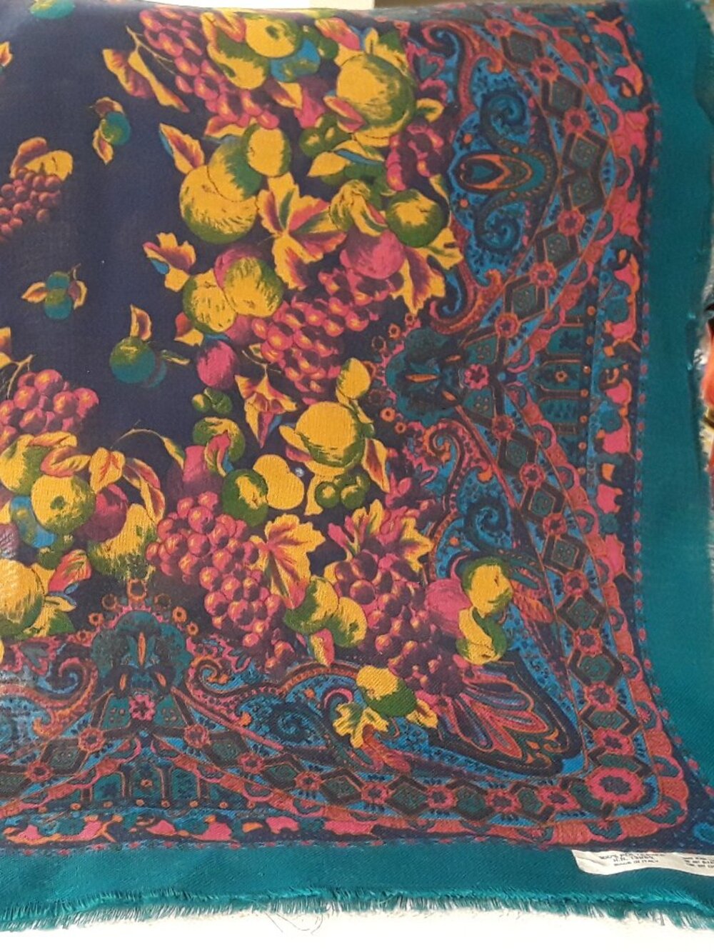 Vintage Italian Scarf 30x30 Vineyard Grape Fruit Teal Navy Fringed A.A. Sutain